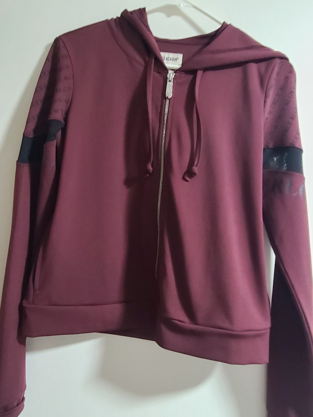 True Religion Burgundy Full-Zip Hoodie with Contrast Sleeve Panels
